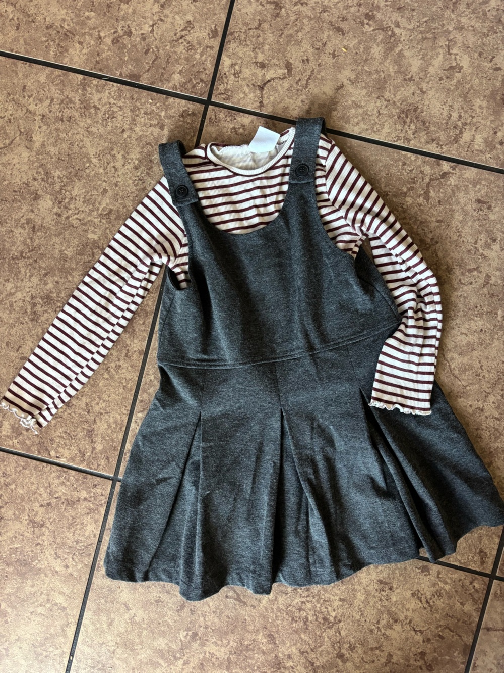Girls Zara Cream and Burgundy Striped Top with Charcoal Pinafore Detail